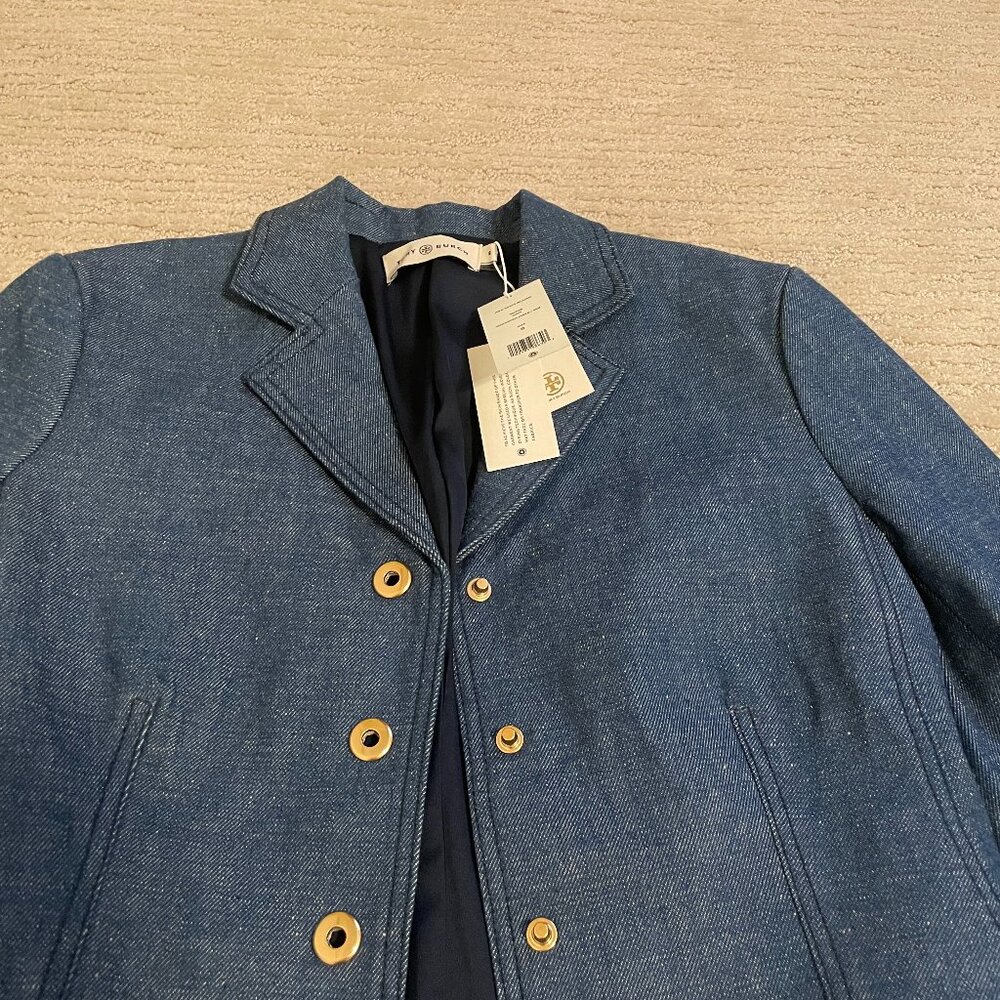 Tory Burch Raw Denim Blazer Jacket in Unwashed Rinse MSRP $598